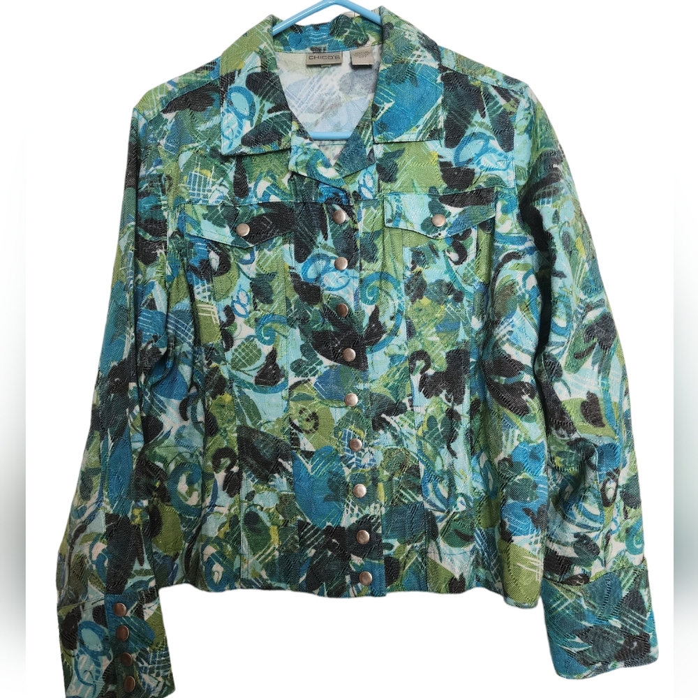 Chicos Blue Green Print Snap Front Jacket Pre-Owned Size 2 Large
